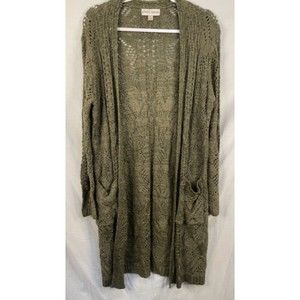 Knox Rose L Green Open Knit Long Sleeve Sweater Pockets Cardigan
